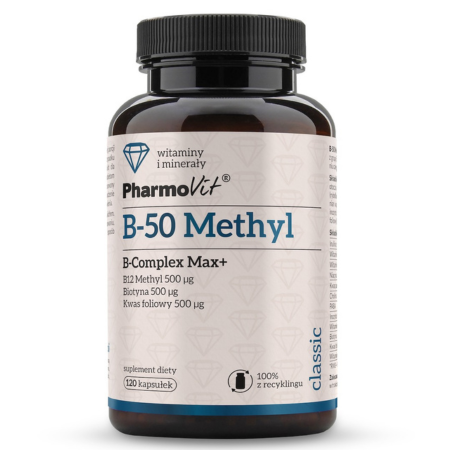 Pharmovit B-50 Methyl B-Complex Max+ – kompleks witamin z grupy B, metylokobalamina, cholina, PABA, inozytol, 120 kapsułek, zdroweodzywki.pl