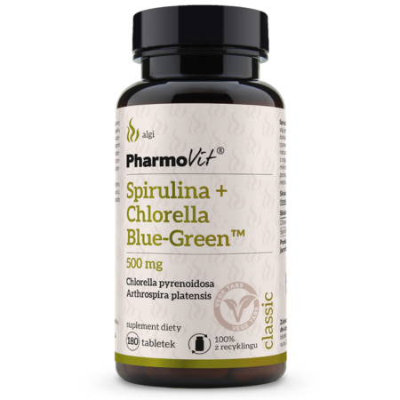 Pharmovit Classic Spirulina + Chlorella Blue-Green™ 500 mg 180 tabletek – naturalne algi na odporność, detoks i energię