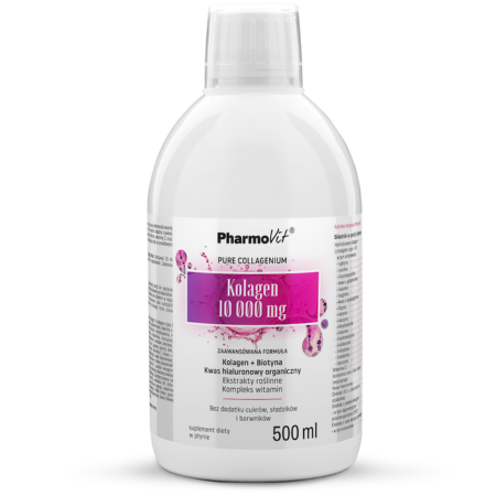 Pharmovit Kolagen 10 000 mg – płynny suplement diety z kolagenem typu I i III, kwasem hialuronowym, aloesem, witaminą C i ekstraktami roślinnymi – 500 ml