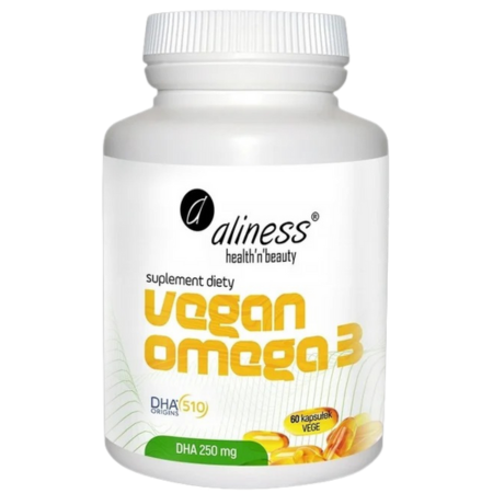 Aliness Vegan Omega-3 DHA 250 mg – naturalny olej z mikroalg Schizochytrium – DHA Origins®, wspiera mózg, serce i wzrok – 60 kapsułek VEGE