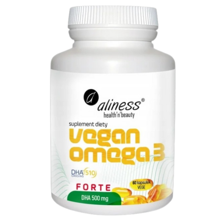 Aliness Vegan Omega-3 FORTE DHA 500 mg – suplement diety, 60 kapsułek VEGE, olej z mikroalg Schizochytrium.