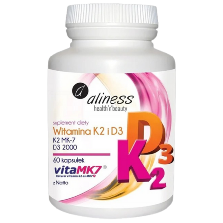 Aliness Witamina K2 MK-7 VitaMK7® 100 µg + D3 2000 IU – naturalna lanolina, wsparcie kości i odporności, 60 kapsułek.