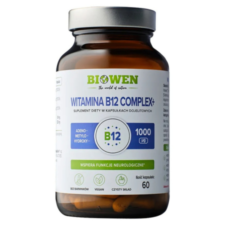 Opakowanie Active B12 Complex+ Biowen 60 kapsułek w szklanym słoiczku – suplement diety z trzema bioaktywnymi formami witaminy B12, witaminą C i błonnikiem prebiotycznym.