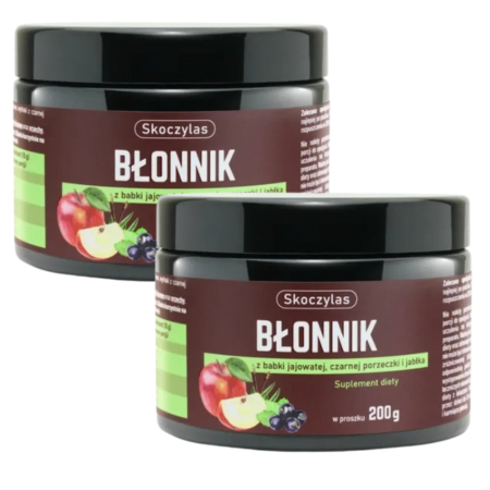 Błonnik Skoczylas – naturalny błonnik w proszku z babką jajowatą, jabłkiem i czarną porzeczką, wspierający trawienie i poziom cholesterolu.