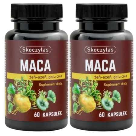 Skoczylas MACA żeń-szeń i gotu kola 60 kapsułek – suplement diety wspierający witalność, koncentrację, funkcje poznawcze i odporność organizmu, na bazie naturalnych ekstraktów roślinnych.