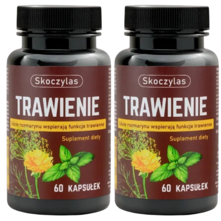 Skoczylas TRAWIENIE mniszek, koper, mięta 60 kapsułek – naturalny suplement diety wspierający układ trawienny dzięki połączeniu mniszka lekarskiego, kopru włoskiego i mięty pieprzowej.