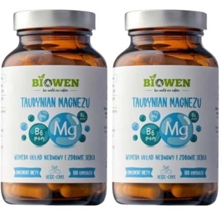 Taurynian Magnezu Biowen – suplement diety z magnezem i witaminą B6, 100 kapsułek, opakowanie szklane, produkt wegański