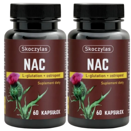 Skoczylas NAC – suplement diety z N-acetylocysteiną, L-glutationem i ekstraktem z ostropestu wspierający detoksykację i funkcje wątroby, 60 kapsułek.