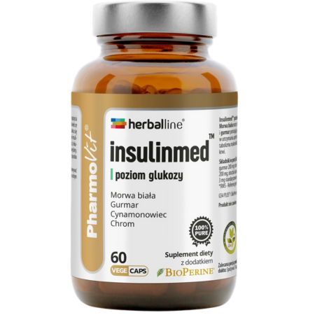 Opakowanie suplementu diety Insulinmed™ poziom glukozy 60 kapsułek Herballine™ Pharmovit, wspierającego metabolizm węglowodanów i prawidłowy poziom cukru we krwi.