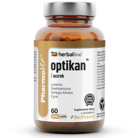 Szklane opakowanie suplementu diety Optikan™ wzrok 60 kapsułek Herballine™ Pharmovit, zawierającego luteinę, zeaksantynę, aronię, ginkgo biloba, cynk i witaminę C dla wsparcia zdrowia oczu.