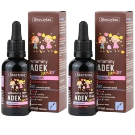 Skoczylas ADEK JUNIOR krople 10 ml – kompleks witamin A, D3, E i K2 dla dzieci, wspierający odporność, wzrok, kości i prawidłowy rozwój.