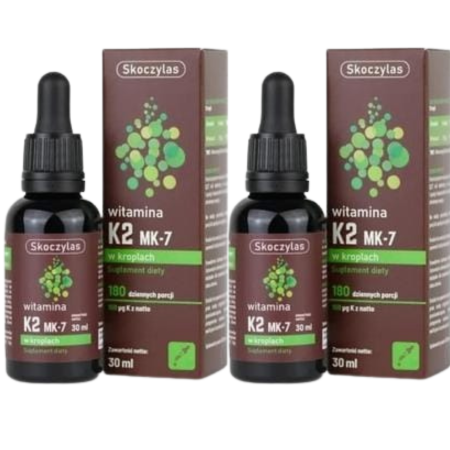 Skoczylas WITAMINA K2 MK-7 30 ml – naturalna witamina K2 w kroplach, w formie dobrze przyswajalnego menachinonu-7, dla wsparcia zdrowych kości i układu krążenia.