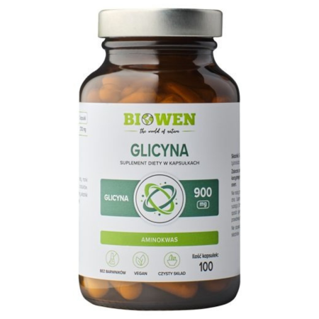 Szklane opakowanie suplementu Biowen Glicyna 900 mg 100 kapsułek – czysta glicyna w roślinnych kapsułkach, bez wypełniaczy, odpowiednia dla wegan i wegetarian