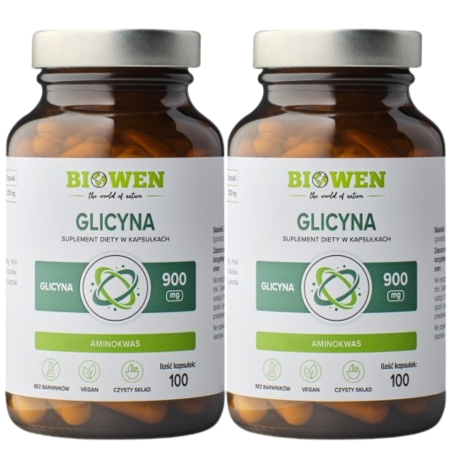 Szklane opakowanie suplementu Biowen Glicyna 900 mg 100 kapsułek – czysta glicyna w roślinnych kapsułkach, bez wypełniaczy, odpowiednia dla wegan i wegetarian