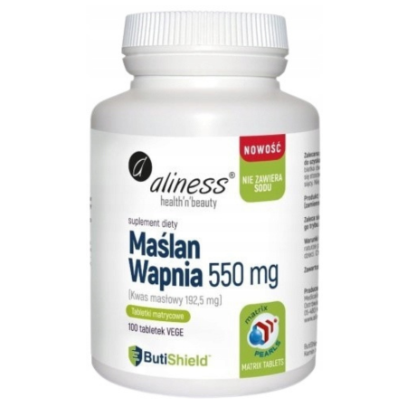 Maślan wapnia Aliness 550 mg bez sodu – 100 tabletek matrycowych, suplement diety z technologią MicroPEARLS i błonnikiem kukurydzianym