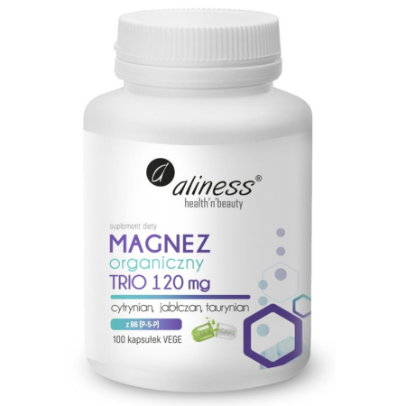 Butelka suplementu diety Magnez Organiczny TRIO 120 mg + B6 P-5-P marki Aliness – 100 kapsułek VEGE w ciemnym szklanym opakowaniu.