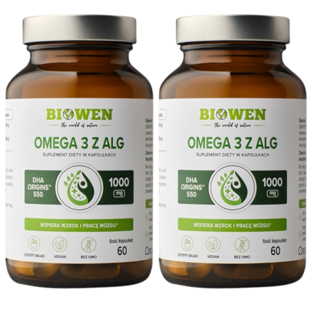 Butelka suplementu Omega 3 z alg Biowen 60 kapsułek – naturalne źródło DHA wspierające mózg, wzrok i odporność.