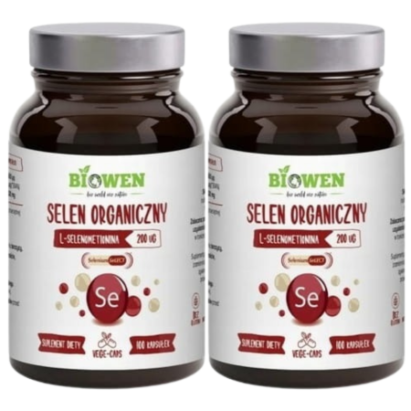 2x Selen Organiczny Biowen 200 µg – suplement diety, 100 kapsułek w szklanym opakowaniu, L-selenometionina, produkt wegański