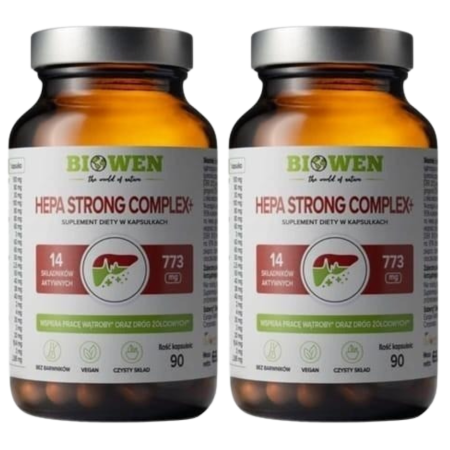 Biowen Hepa Strong Complex+ 90 kapsułek – naturalny suplement diety wspierający zdrowie i regenerację wątroby z 14 aktywnymi składnikami, opakowanie szklane, wegańska formuła