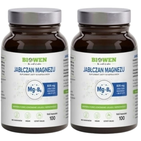 Biowen Jabłczan Magnezu z witaminą B6 Complex+ 100 kapsułek – suplement diety o wysokiej przyswajalności, wspierający układ nerwowy, mięśnie i metabolizm energetyczny