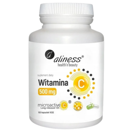 Witamina C 500 mg microactive 12h Aliness – 100 kapsułek VEGE, suplement diety o przedłużonym uwalnianiu wspierający odporność i zdrowie organizmu