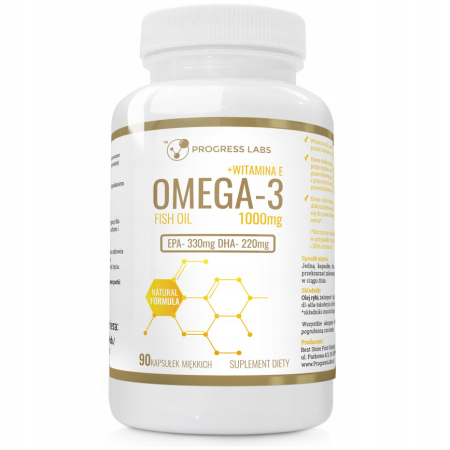 Omega-3 1000 mg + Witamina E – suplement z kwasami EPA i DHA wspierający serce, mózg, wzrok i odporność. 90 kapsułek Progress Labs.