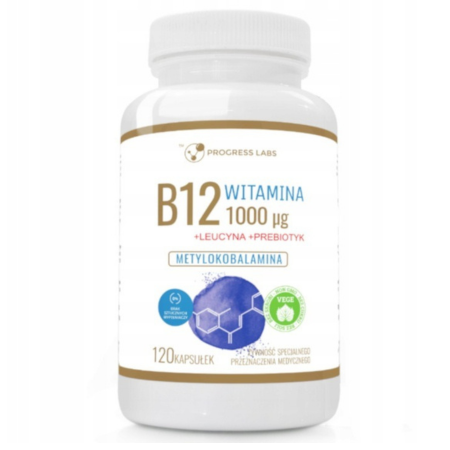 Witamina B12 1000 µg Metylokobalamina z prebiotykiem FOS Actilight® – 120 kapsułek VEGE Progress Labs – wsparcie układu nerwowego, odporności i energii.