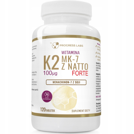 Witamina K2 MK-7 z natto 100 mcg Forte Progress Labs – suplement na zdrowe kości i krzepnięcie krwi – 120 tabletek