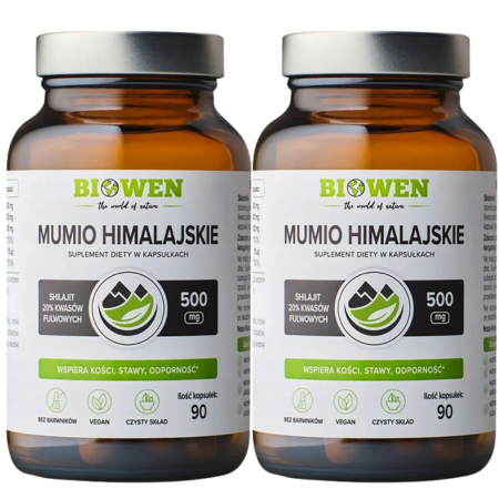 Mumio himalajskie Shilajit Biowen – naturalny ekstrakt z Himalajów z witaminą C i D3 – wsparcie odporności, energii i kości – 90 kapsułek