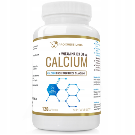 Calcium + Witamina D3 Progress Labs – wapń i cholekalcyferol z lanoliny – wsparcie dla kości, zębów i odporności – 120 kapsułek