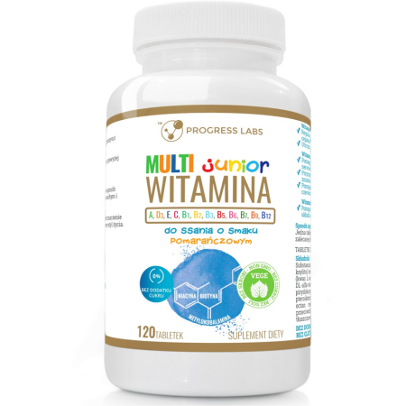 Multiwitamina Junior Progress Labs – naturalne witaminy dla dzieci w tabletkach do ssania o smaku pomarańczowym – 120 tabletek