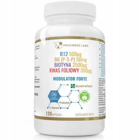 Modulator Homocysteiny FORTE Progress Labs – witaminy B6, B9, B12, biotyna, L-leucyna i prebiotyk inulina Orafti®GR – 120 kapsułek Vege