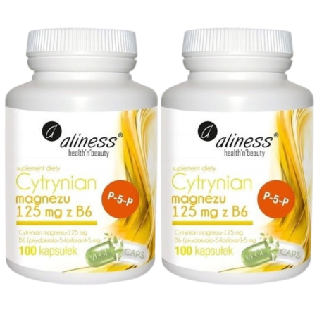 Cytrynian Magnezu z witaminą B6 Aliness – 100 kapsułek VEGE, czysty skład bez sztucznych dodatków, magnez i aktywna witamina B6 dla wsparcia układu nerwowego i mięśni.