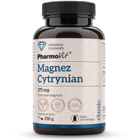 Magnez Cytrynian 375 mg Classic Pharmovit – naturalny magnez w proszku, wspierający mięśnie, układ nerwowy i kości – 150 g