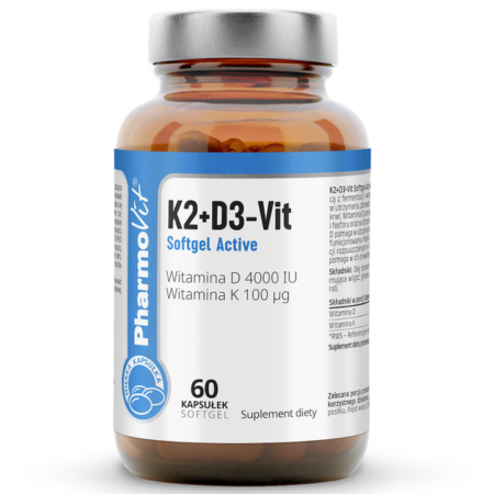 K2+D3-Vit Softgel Active Clean Label Pharmovit – witamina K2 MK-7 z fermentacji i witamina D3 z lanoliny – 60 kapsułek Softgel