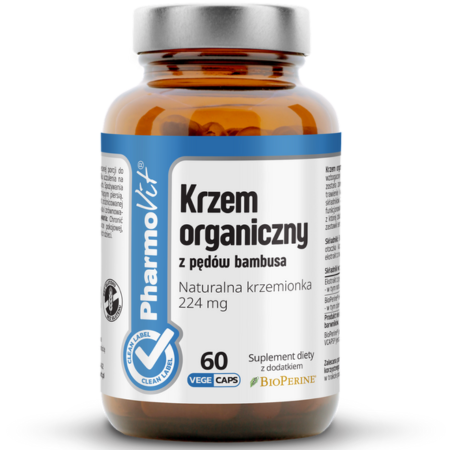 Krzem organiczny z pędów bambusa Clean Label Pharmovit – wsparcie dla skóry, włosów, paznokci i stawów – 60 kapsułek Vege