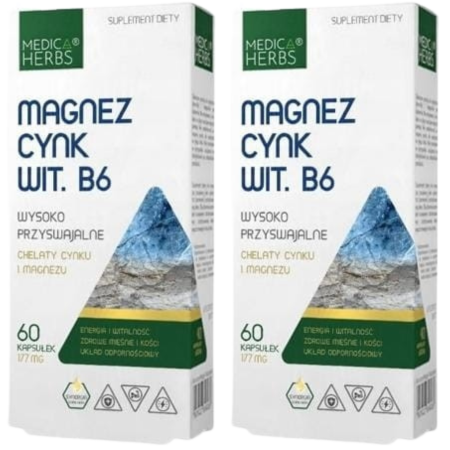 Magnez Cynk Witamina B6 Medica Herbs – wsparcie układu nerwowego i odporności – 60 kapsułek