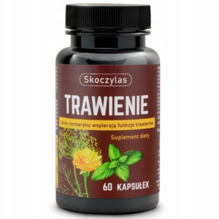 Skoczylas TRAWIENIE mniszek, koper, mięta 60 kapsułek – naturalny suplement diety wspierający układ trawienny dzięki połączeniu mniszka lekarskiego, kopru włoskiego i mięty pieprzowej.