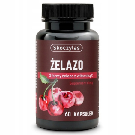 Skoczylas ŻELAZO 60 kapsułek – kompleks trzech form żelaza z dodatkiem ekstraktu z wiśni i witaminą C dla lepszej przyswajalności i wsparcia układu krwiotwórczego.
