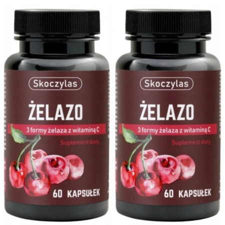 Skoczylas ŻELAZO 60 kapsułek – kompleks trzech form żelaza z dodatkiem ekstraktu z wiśni i witaminą C dla lepszej przyswajalności i wsparcia układu krwiotwórczego.