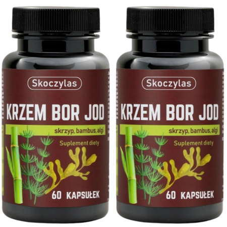 Skoczylas Krzem, Bor, Jod – ekstrakty ze skrzypu, bambusa i alg morskich w kapsułkach 60 szt. – suplement diety wspierający zdrowie skóry, włosów, paznokci oraz prawidłową mineralizację kości.