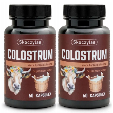 Skoczylas Colostrum siara bydlęca z inuliną 60 kapsułek – suplement diety wspierający odporność i mikroflorę jelitową, naturalna siara z IgG i prebiotyk z cykorii w kapsułkach roślinnych.