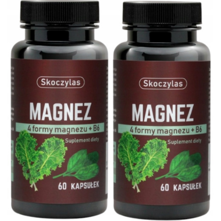 Skoczylas Magnez 4 formy ze szpinakiem, jarmużem i witaminą B6 – suplement diety wspierający układ nerwowy, redukcję zmęczenia i funkcje mięśni, 60 kapsułek.