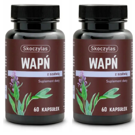 Skoczylas WAPŃ z szałwią 60 kapsułek – suplement diety zawierający wapń oraz ekstrakt z szałwii, wspierający zdrowie kości, zębów i równowagę hormonalną.          Zapytaj ChatGPT