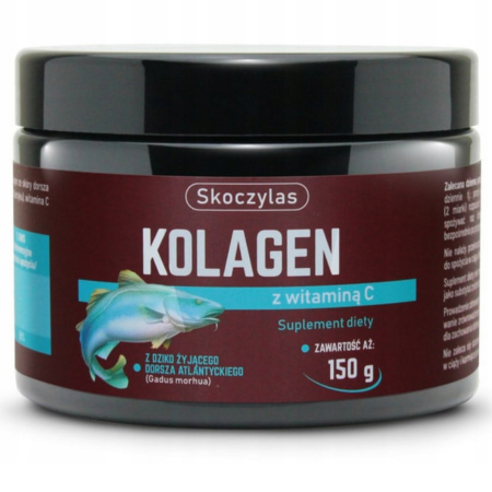 Skoczylas Kolagen z dorsza atlantyckiego 150g – morski kolagen typu I z dziko żyjących ryb z dodatkiem witaminy C dla zdrowia skóry, stawów i włosów.