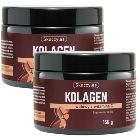 Skoczylas Kolagen Wołowy z Witaminą C 150g – hydrolizowany kolagen typu I i III z dodatkiem witaminy C dla wsparcia stawów, skóry i włosów.