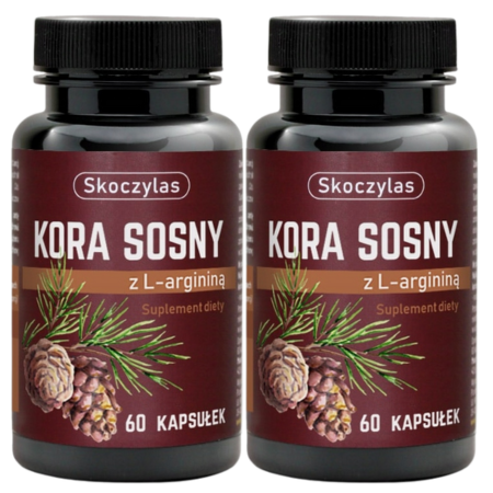 Skoczylas Kora Sosny + Arginina 60 kapsułek – suplement diety wspierający krążenie, odporność i ochronę antyoksydacyjną, zawiera naturalny ekstrakt z kory sosny i L-argininę.