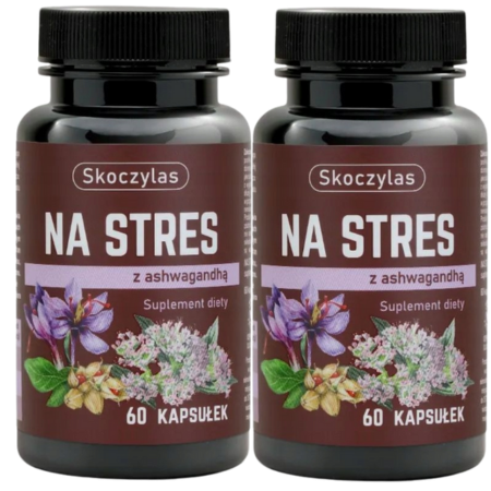 Skoczylas NA STRES ashwagandha, szafran, kozłek lekarski 60 kapsułek – naturalny suplement diety wspierający równowagę emocjonalną i odporność na stres, zawierający adaptogeny i ekstrakty roślinne.