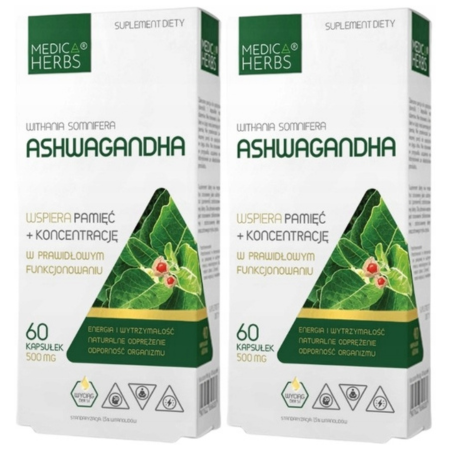 Ashwagandha 500 mg 60 kapsułek Medica Herbs – suplement diety z ekstraktem Withania somnifera