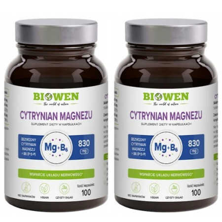 2x Cytrynian Magnezu z witaminą B6 Biowen – 100 kapsułek, wysoko przyswajalna forma magnezu z aktywną witaminą B6, suplement diety wegański w szklanym opakowaniu